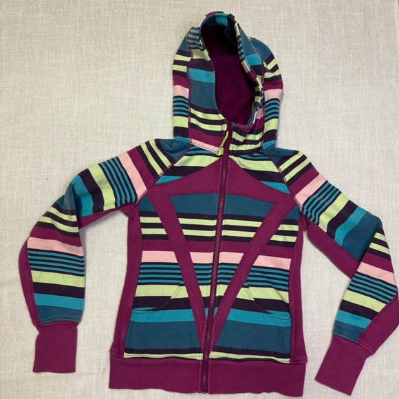 Ivivva Girls 14 Lululemon Scuba Style Hooded Zip Up Sweater Striped Purple Pink - Picture 1 of 6